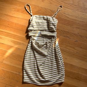Tan nude white striped cutout bodycon dress NWOT